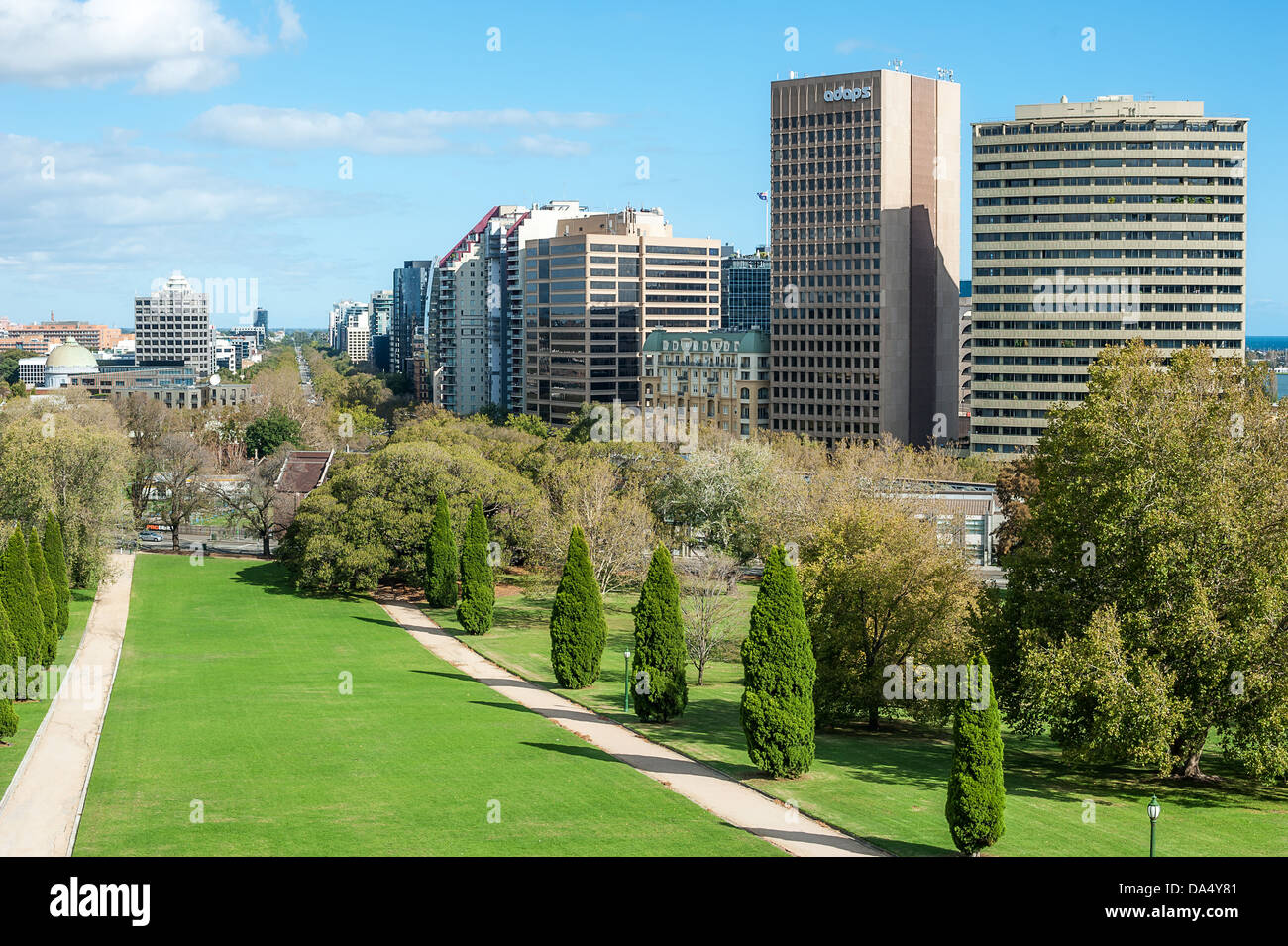 Blick nach Süden vom Kings Domain in der Innenstadt von Melbourne. Stockfoto