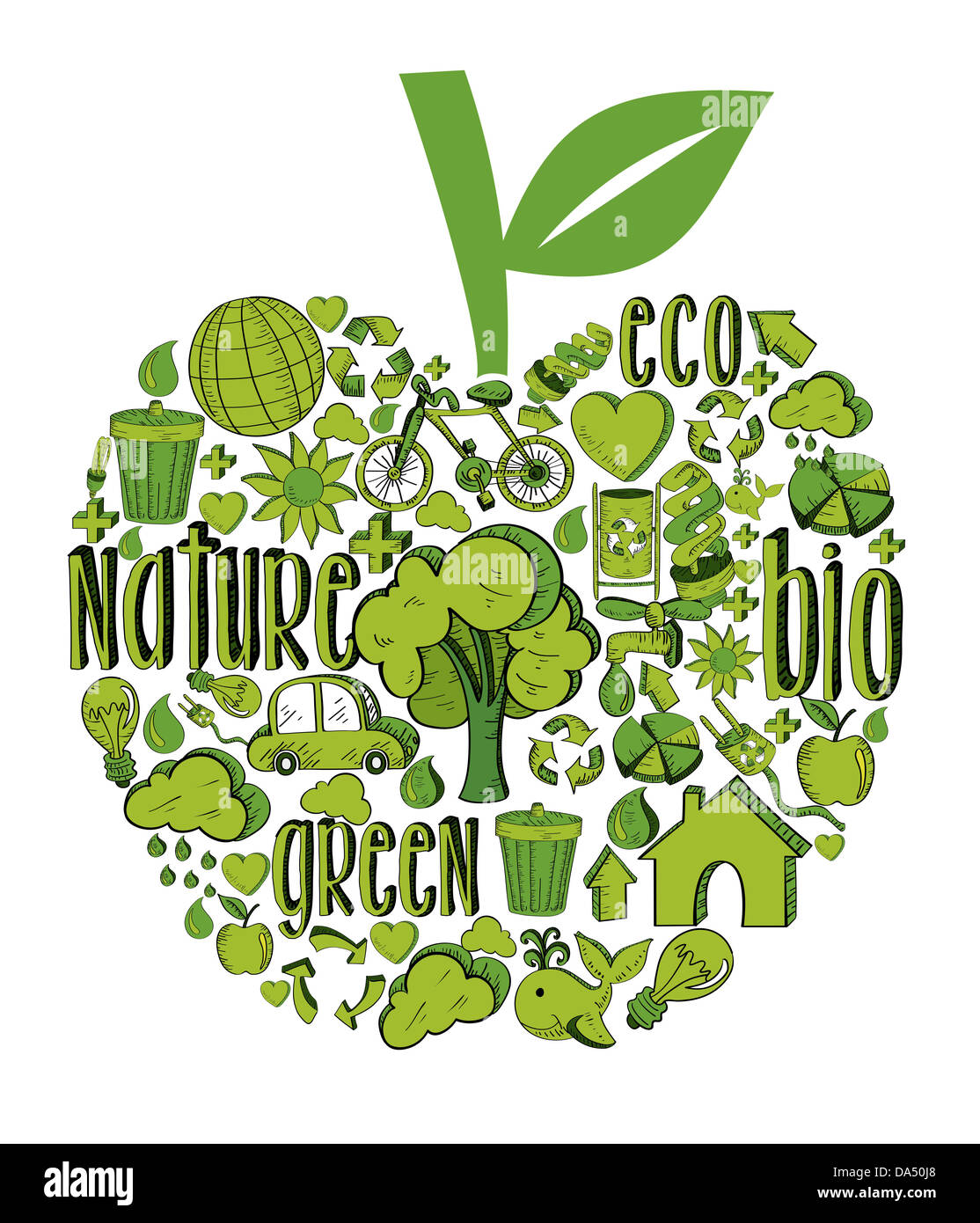 Apfel mit ökologischen handgezeichnete Symbole in grün. Diese Abbildung ist für einfache Handhabung und individuelle Färbung geschichtet. Stockfoto