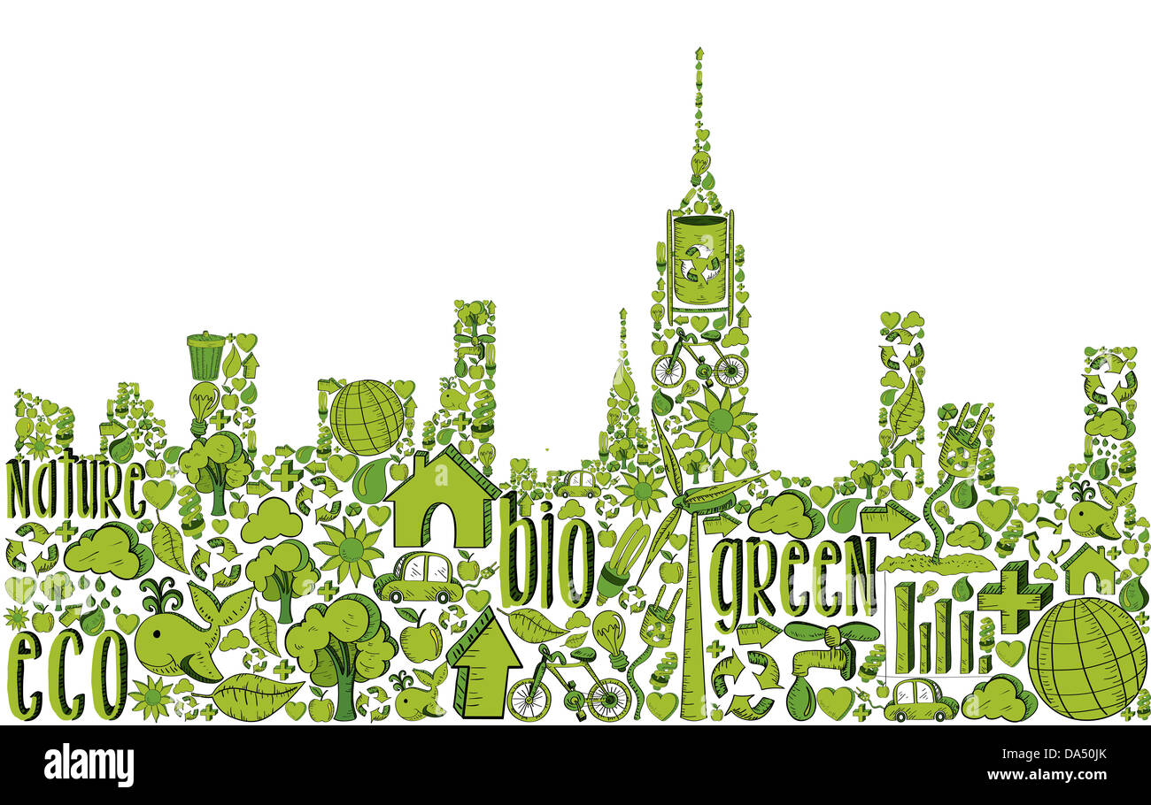 Stadt-Silhouette mit ökologischen handgezeichnete Symbole in grün. Diese Abbildung ist für einfache Handhabung und individuelle Färbung geschichtet. Stockfoto
