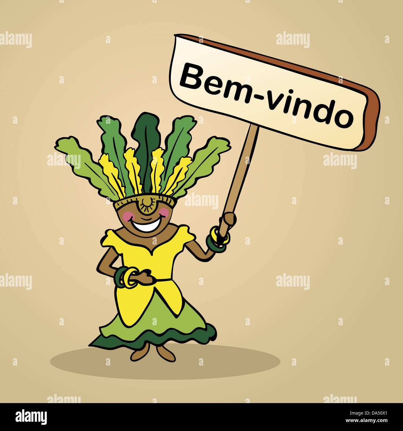 Trendige Brasilianerin sagt willkommen hält eine Holzschild Skizze. Vektor-Datei Illustration für eine einfache Bearbeitung geschichtet. Stockfoto