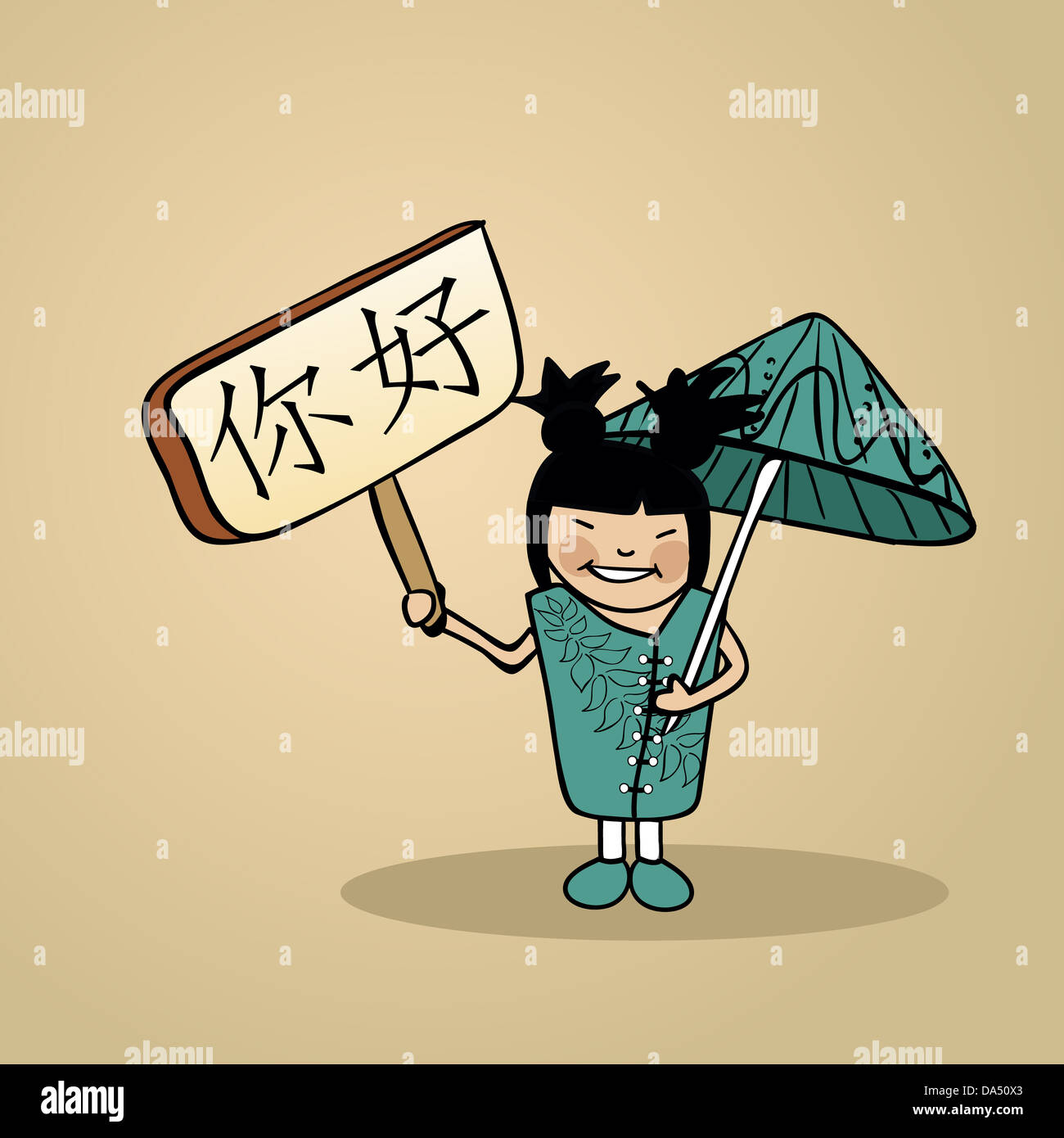 Trendige chinesische Frau grüßt hält eine Holzschild Skizze. Vektor-Datei Illustration für eine einfache Bearbeitung geschichtet. Stockfoto