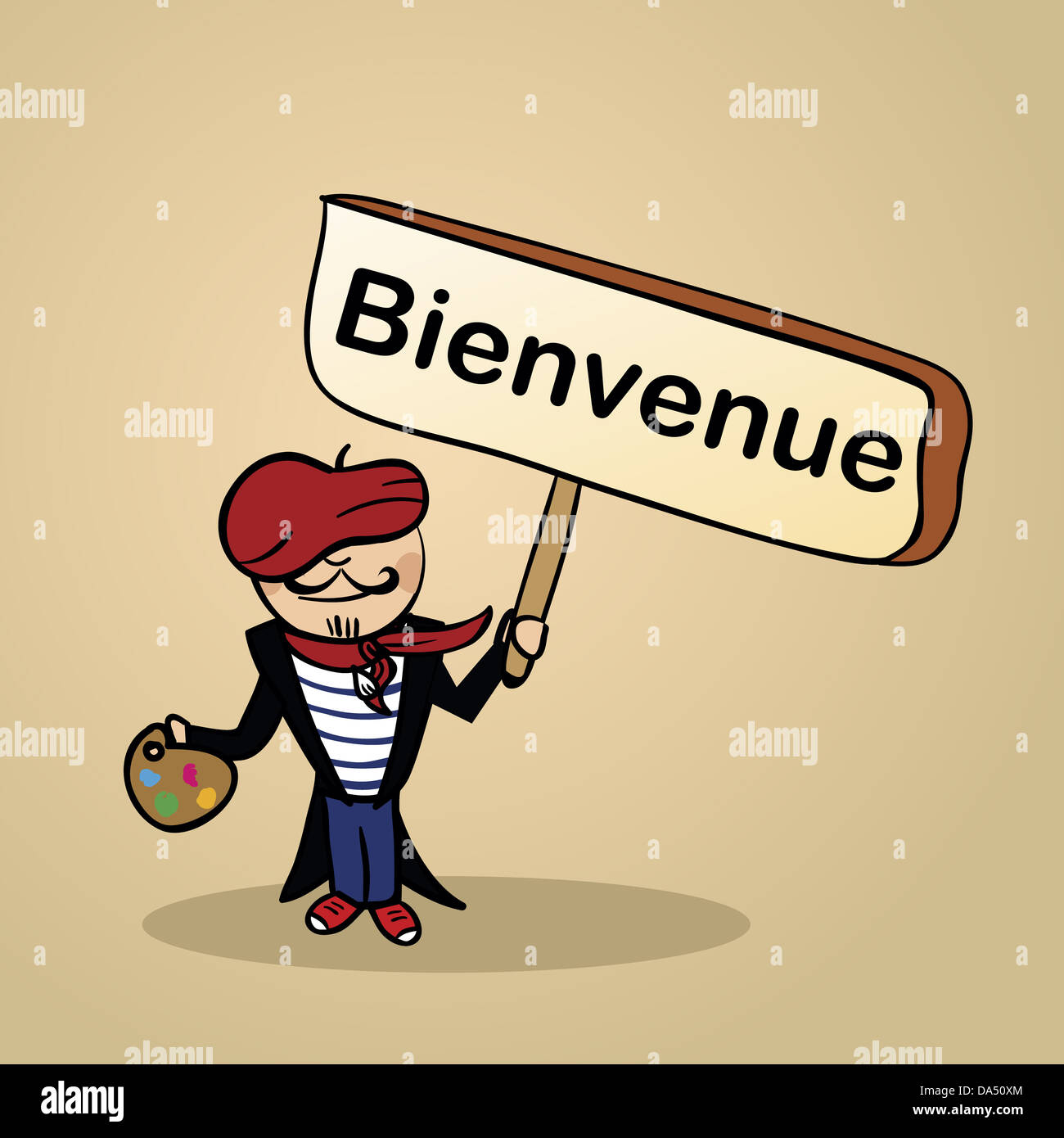 Trendige französische Mann sagt willkommen hält eine Holzschild Skizze. Vektor-Datei Illustration für eine einfache Bearbeitung geschichtet. Stockfoto