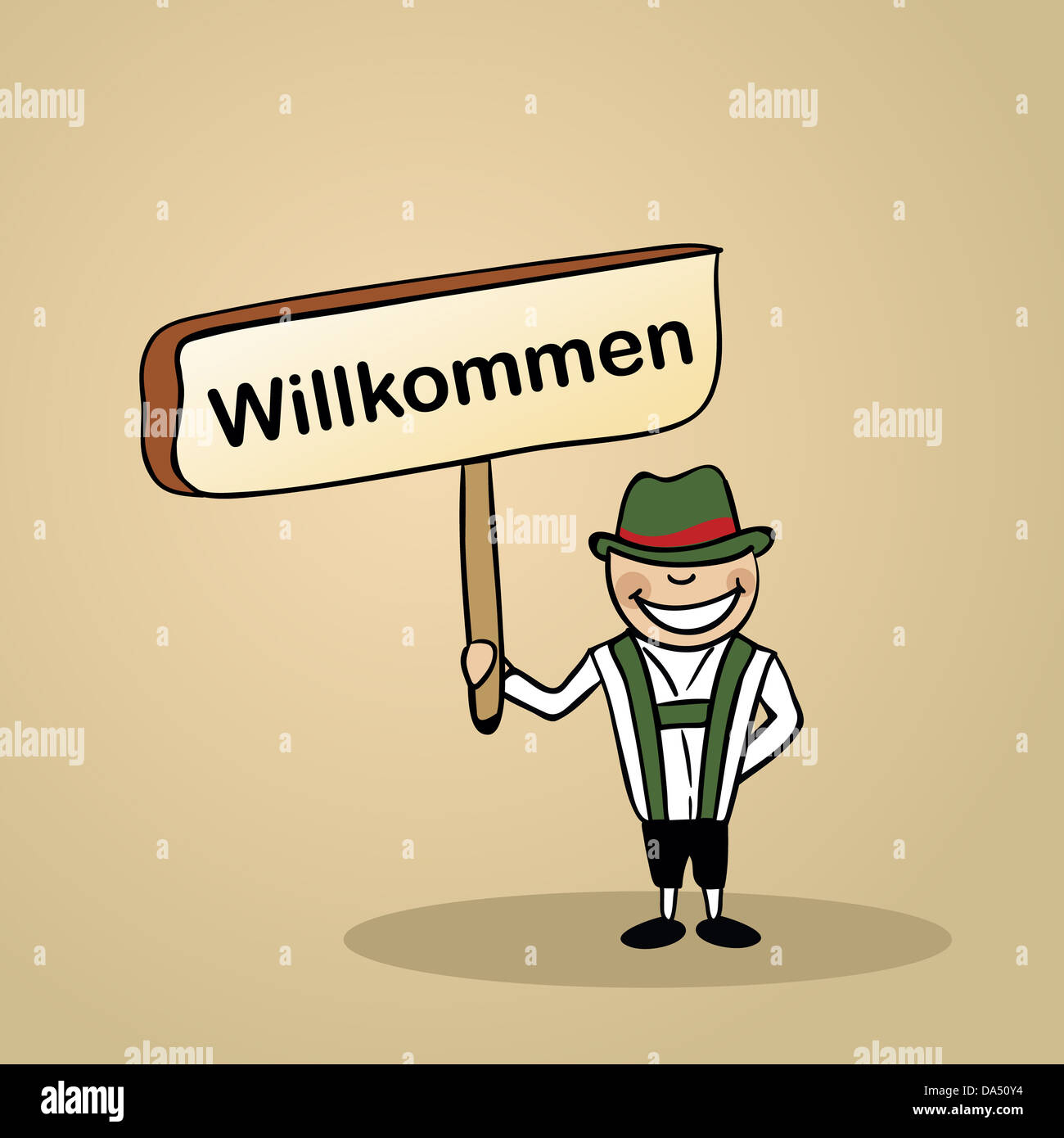 Trendige deutsche Mann sagt willkommen hält eine Holzschild Skizze. Vektor-Datei Illustration für eine einfache Bearbeitung geschichtet. Stockfoto