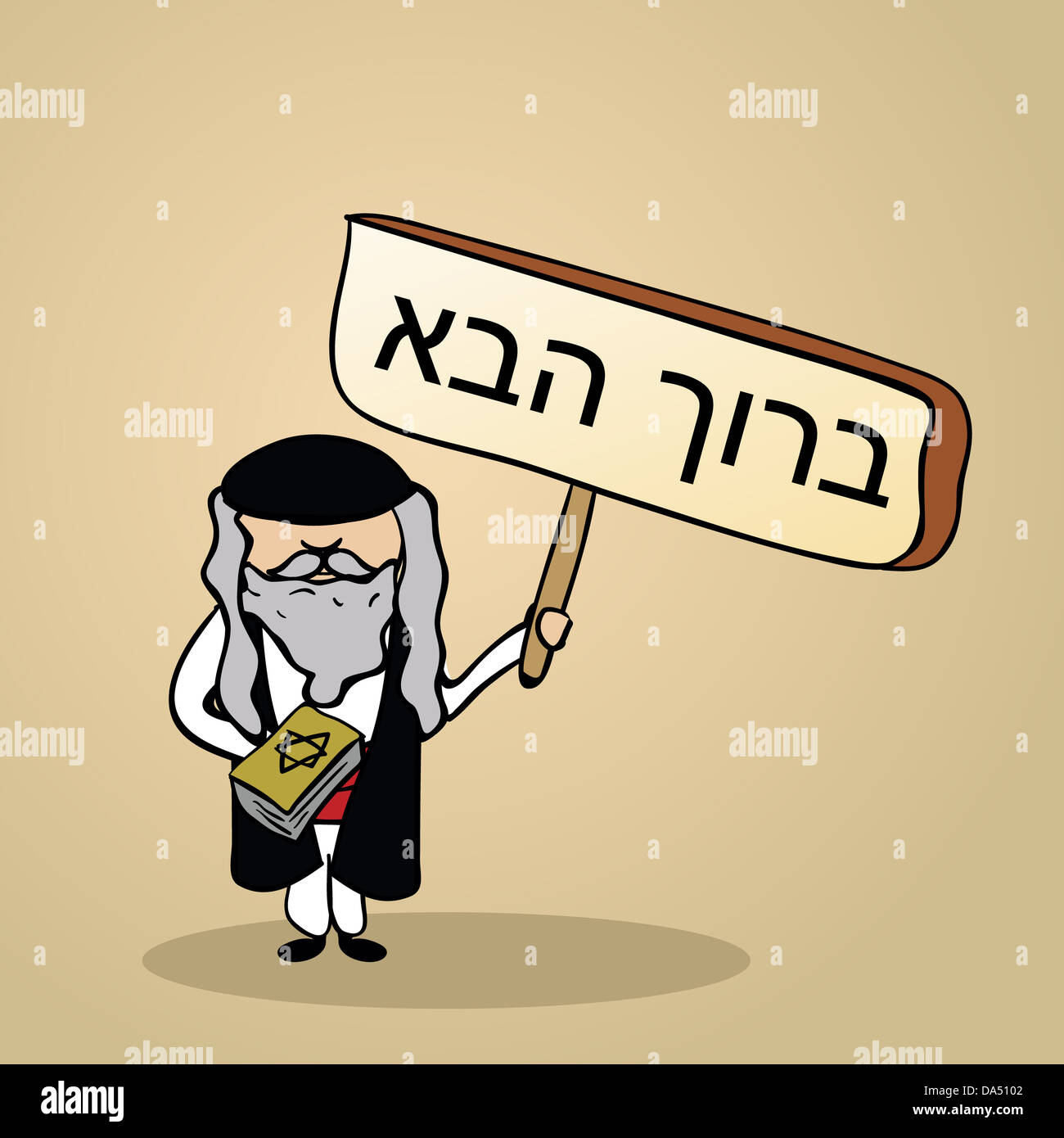 Trendige jüdischer Mann sagt willkommen hält eine Holzschild Skizze. Vektor-Datei Illustration für eine einfache Bearbeitung geschichtet. Stockfoto