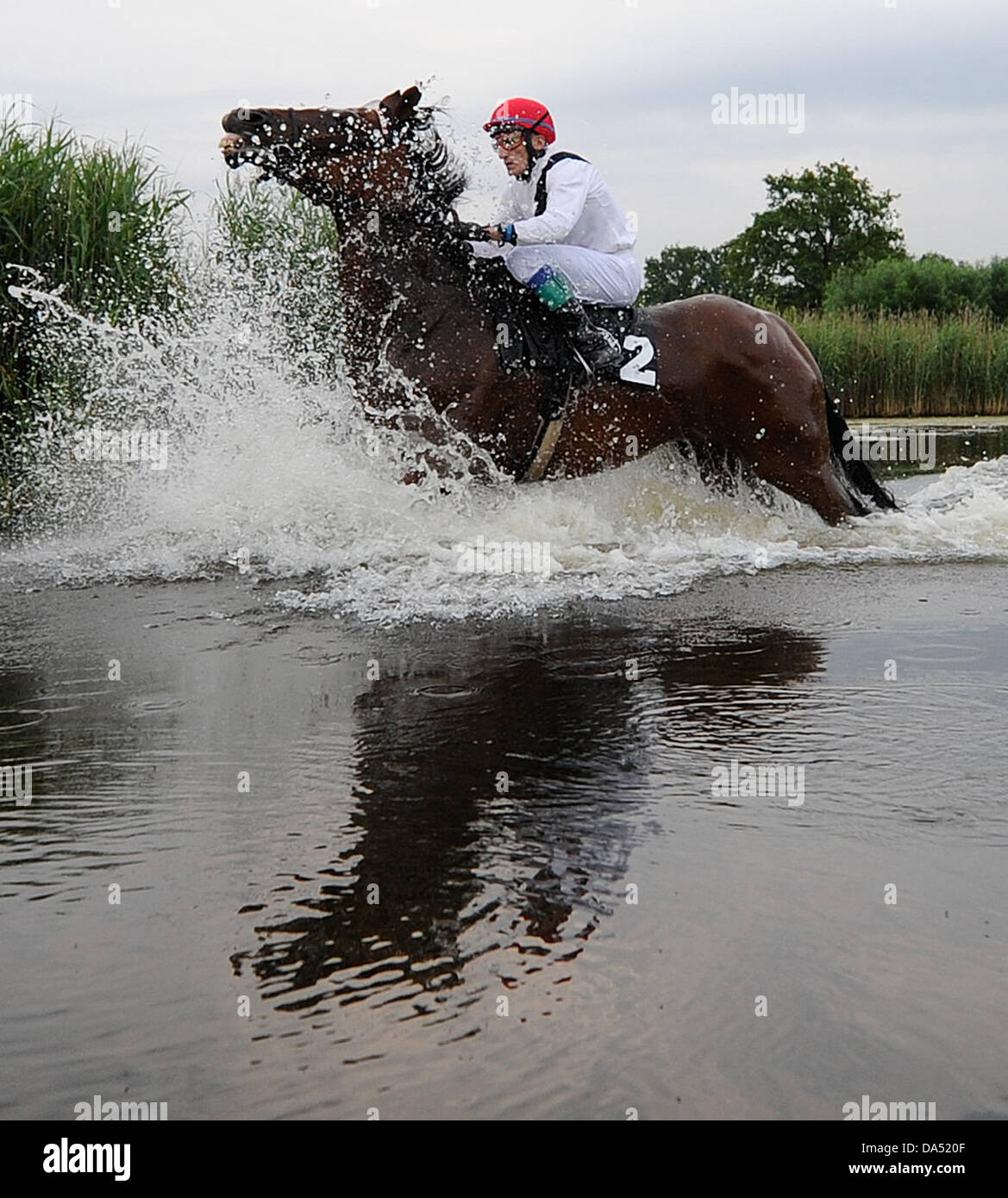 Hamburg, Deutschland. 3. Juli 2013. Vlastislav Korytar auf indischen Sonne, Sieger des Rennens See Jagd (Seejagdrennen), führt an der Wasser-Hürde beim Pferdesport Galopp Derby Meeting auf der Rennbahn Hamburg Horn in Hamburg, Deutschland, 3. Juli 2013. Foto: AXEL HEIMKEN/Dpa/Alamy Live News Stockfoto