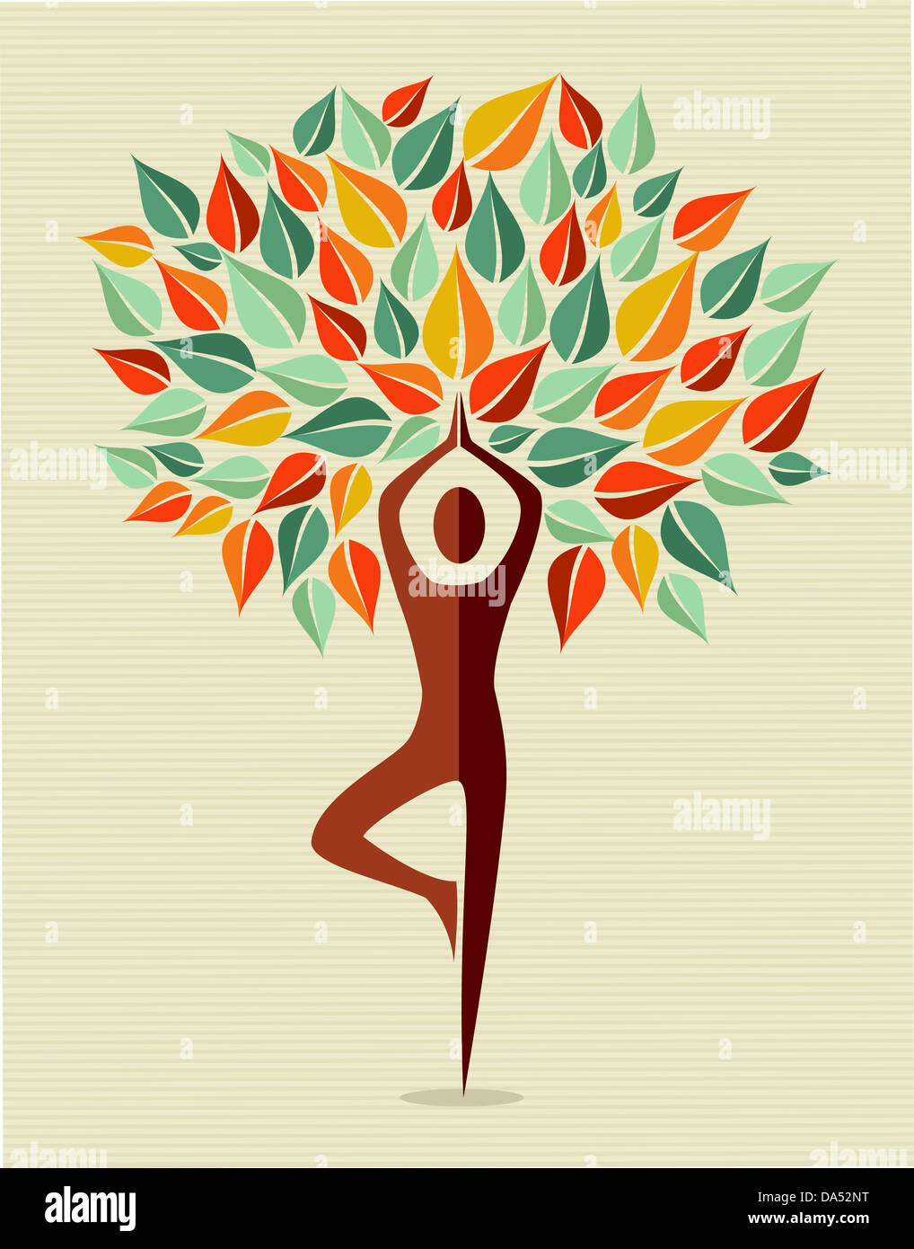 Menschliche Gestalt Yoga Übung Baum Blätter Design. Vektor-Datei geschichtet für einfache Handhabung und individuelle Farbgebung. Stockfoto