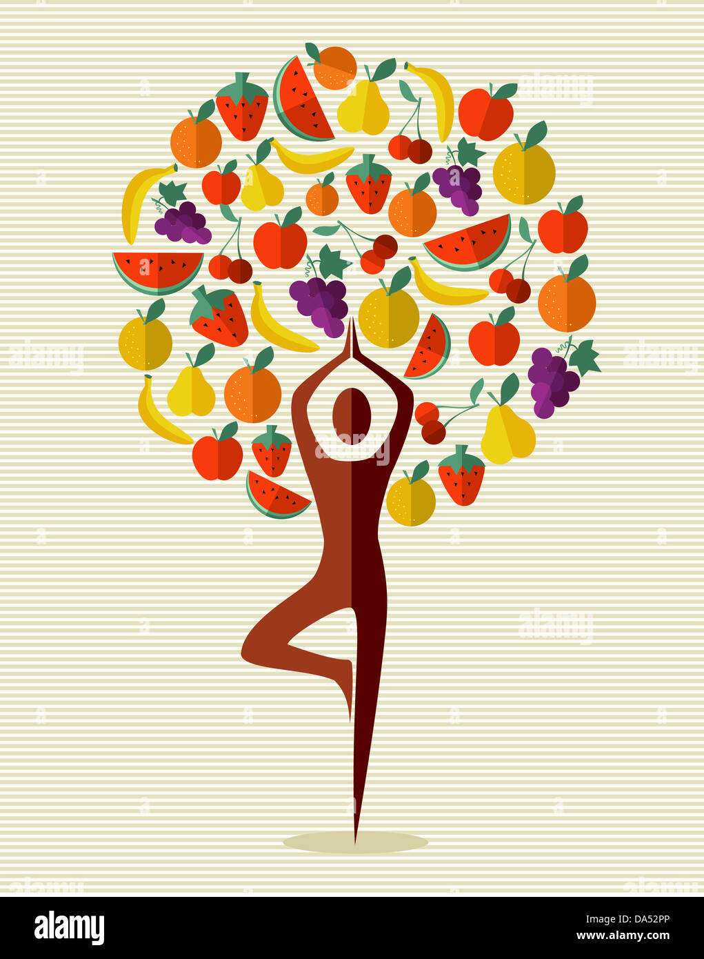 Menschliche Gestalt Yoga Übung Baum Früchte Design. Vektor-Datei geschichtet für einfache Handhabung und individuelle Farbgebung. Stockfoto