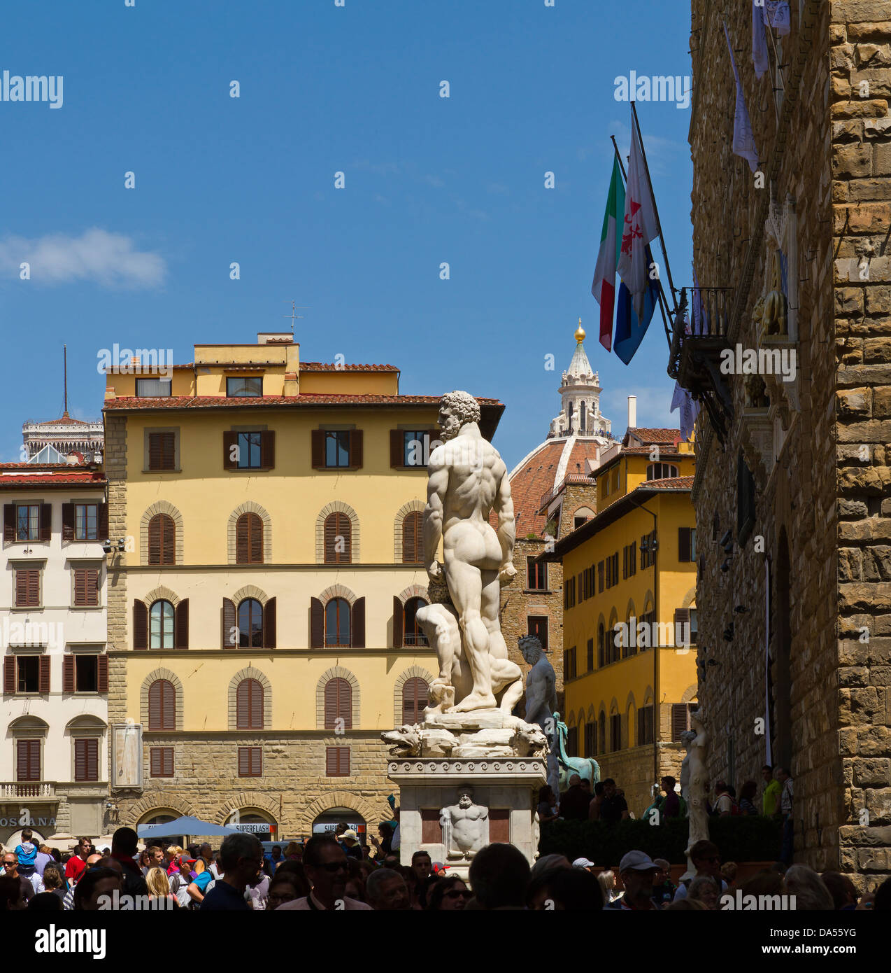 Florenz, Italien, Europa, Toskana, Toscana, Touristen, Piazza Signoria, Neptun, Palazzo Vecchio Stockfoto