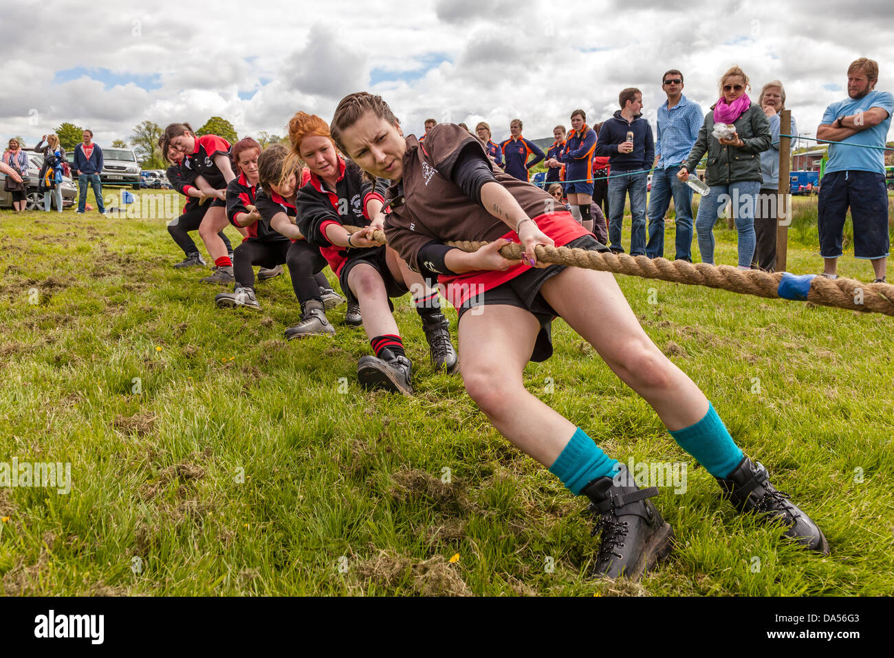 Frauen, die sich in einem Tauziehen Wettbewerb, an einem Highland Messe in der Nähe von Galston, Ayrshire, Schottland, Großbritannien Stockfoto