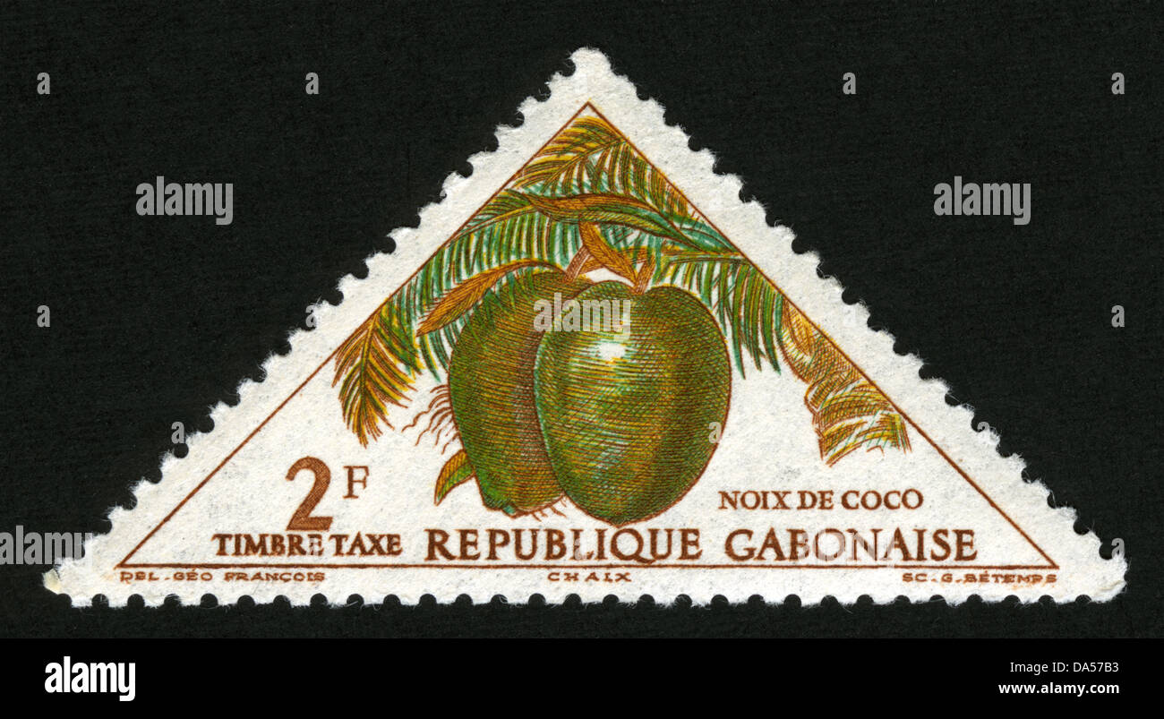 Republik Gabun, Gabun, Poststempel, Stempel, Briefmarken, Obst, Kokos, flora Stockfoto