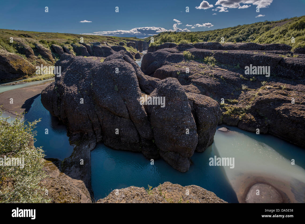 Felsformationen in Brúarhlöd, eine enge Schlucht in der Hvita Fluss, Island Stockfoto