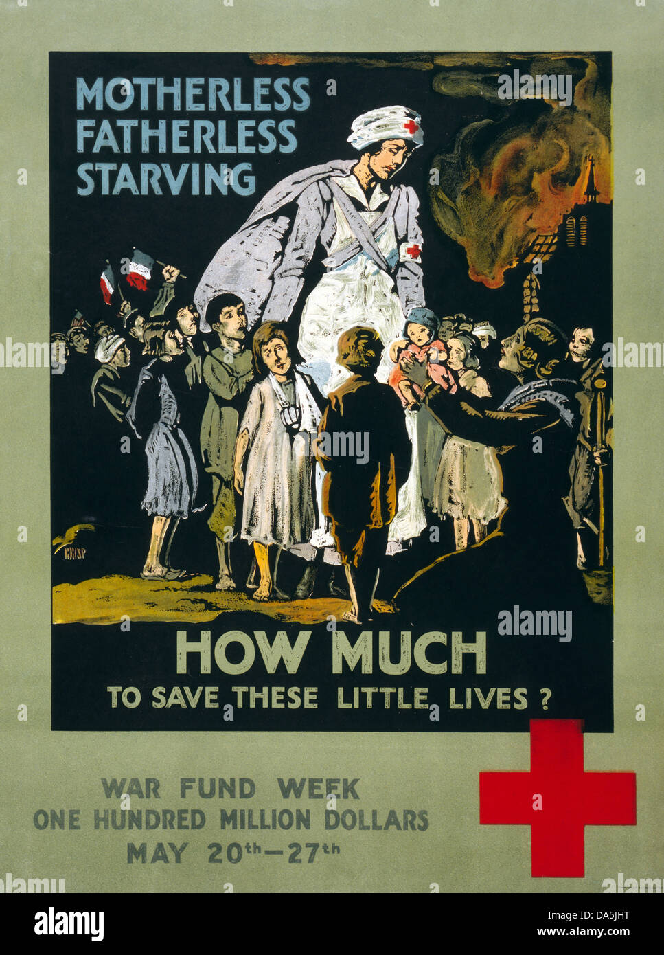 Erster Weltkrieg, WWI, Weltkrieg, Weltkrieg, Krieg, Europa, Propaganda, Poster, USA, American, Propaganda-Plakat, rotes Kreuz, Huma Stockfoto