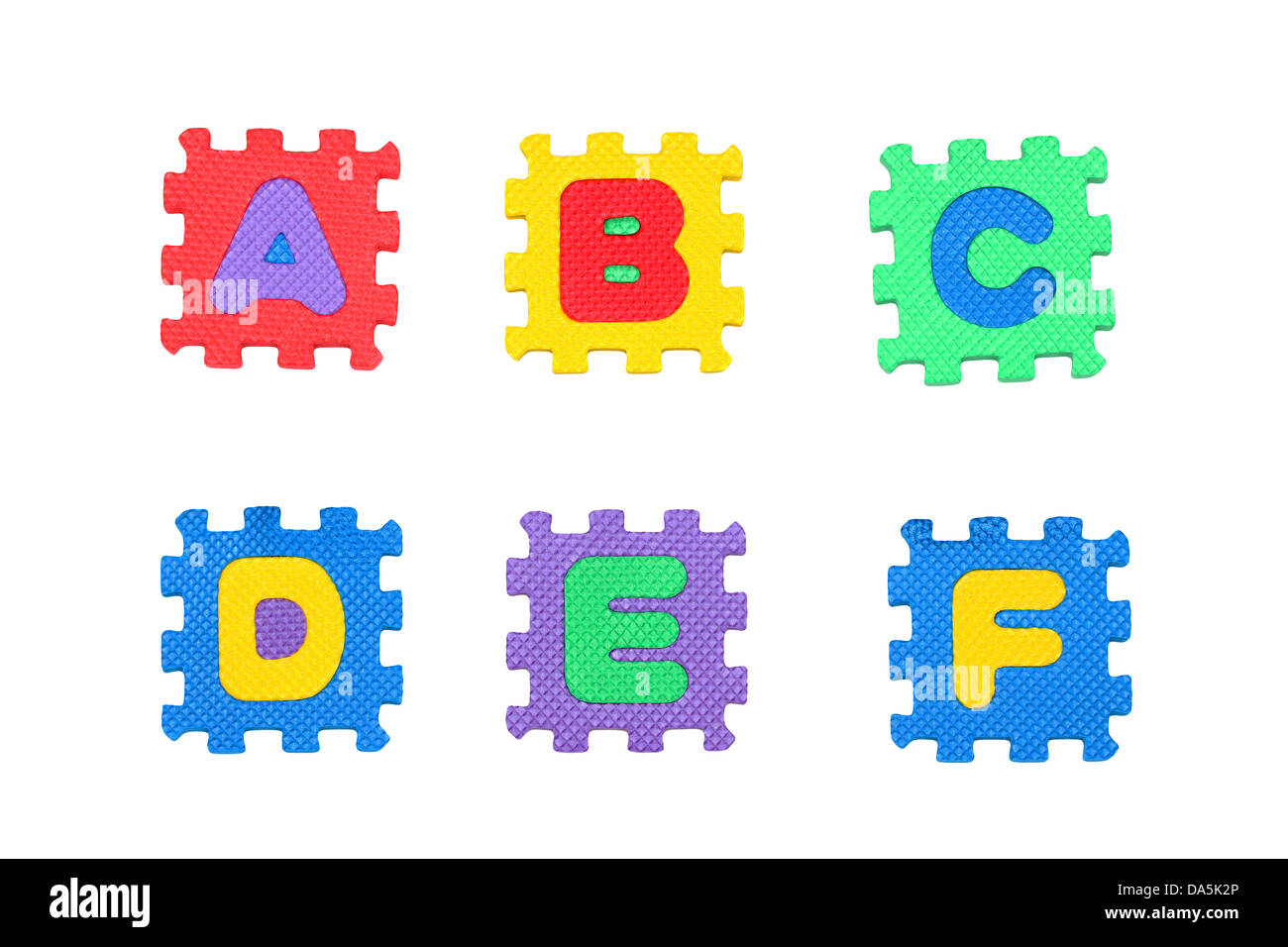 Buchstaben A, B, C, D, E und F von Buchstaben Puzzle, isoliert auf weißem Hintergrund. Stockfoto