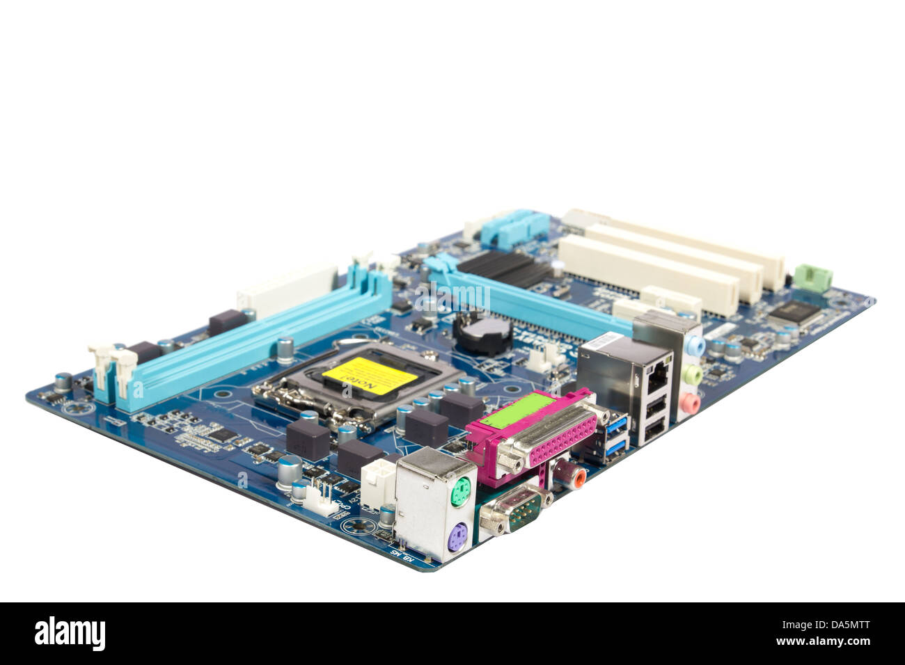 PC-Motherboard auf weißem Hintergrund Stockfoto
