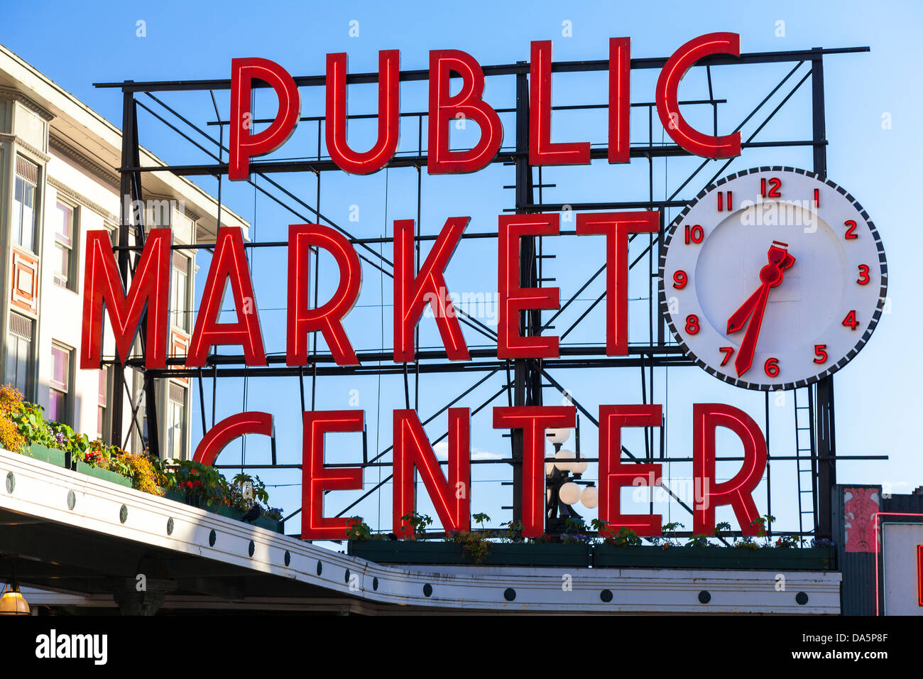 Seattle Public Market Center Zeichen, Pike Place Market, Seattle WA, Vereinigte Staaten Stockfoto