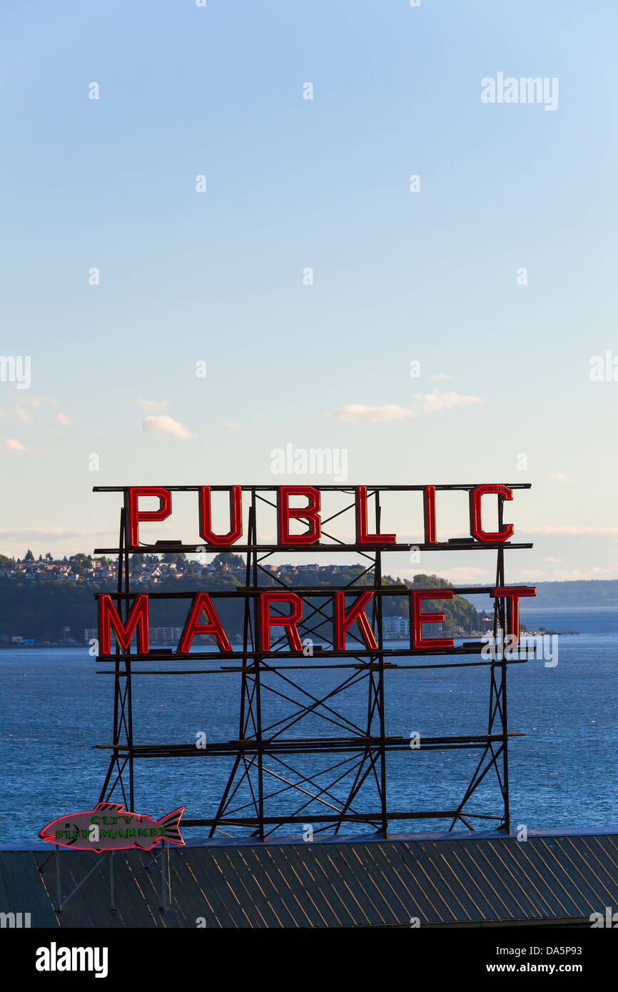 Seattle Public Market Zeichen, Pike Place Market, Seattle WA, USA Stockfoto