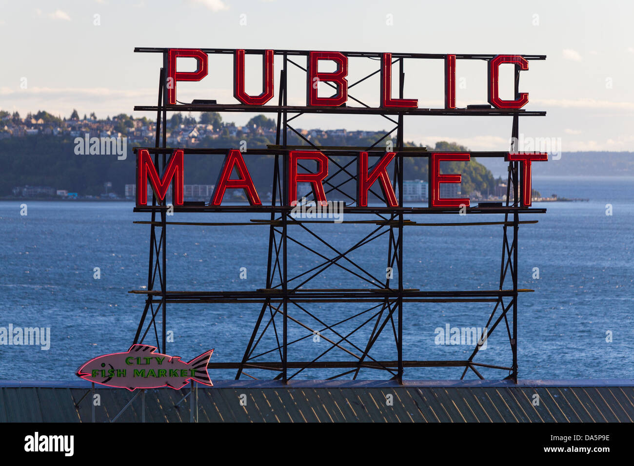 Seattle Public Market Zeichen, Pike Place Market, Seattle WA, USA Stockfoto