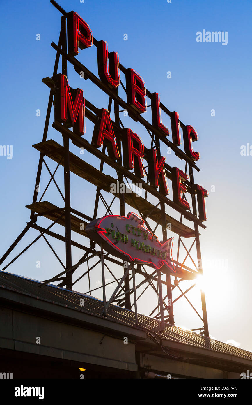 Seattle Public Market Zeichen, Pike Place Market, Seattle WA, USA Stockfoto