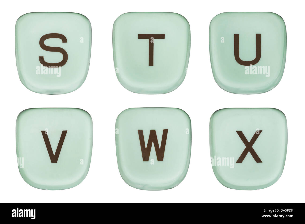 Vintage grüne Schreibmaschine Tasten Makro Detail Buchstaben S bis X. Stockfoto