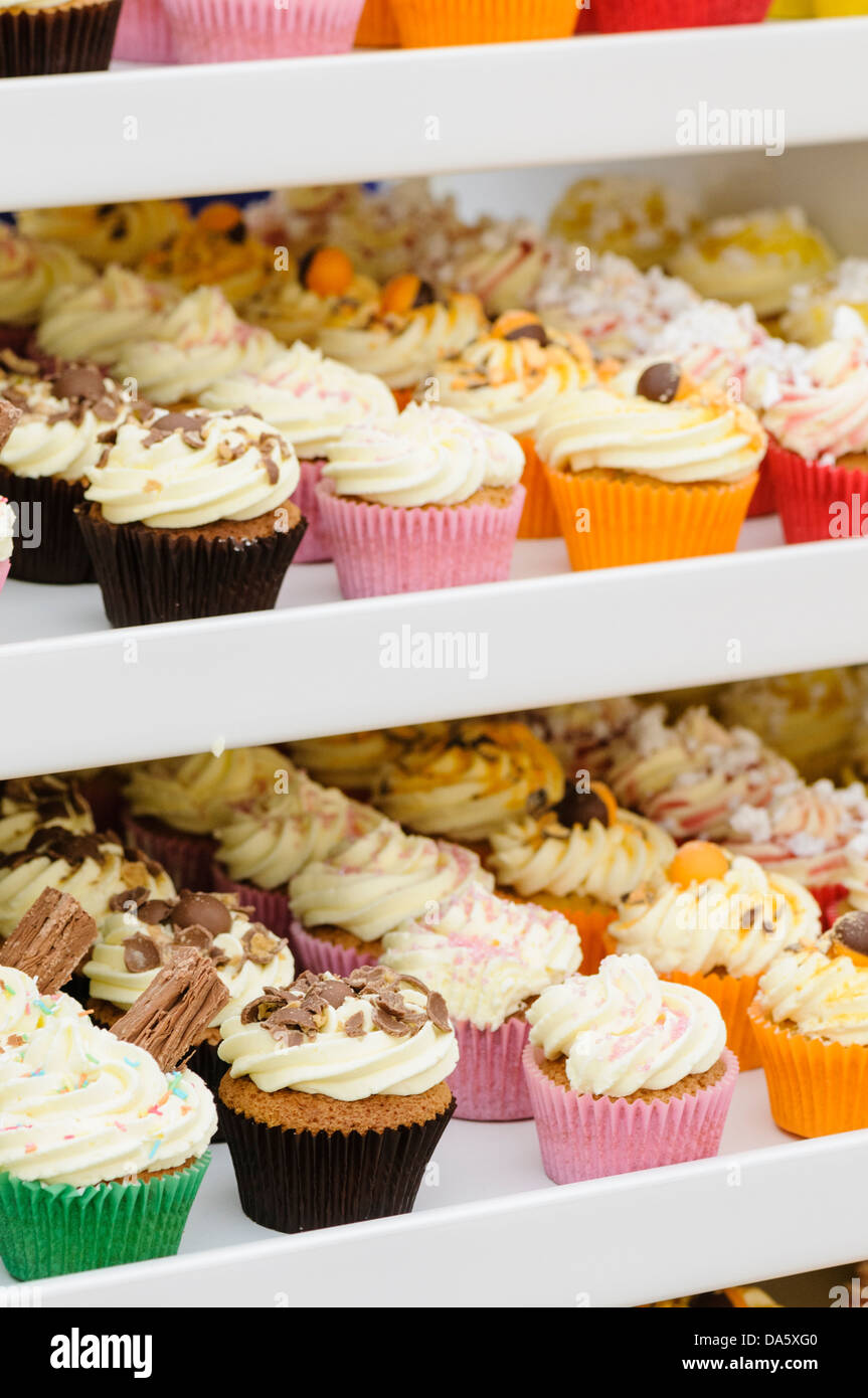 Auswahl von Cupcakes auf Regalen Stockfoto