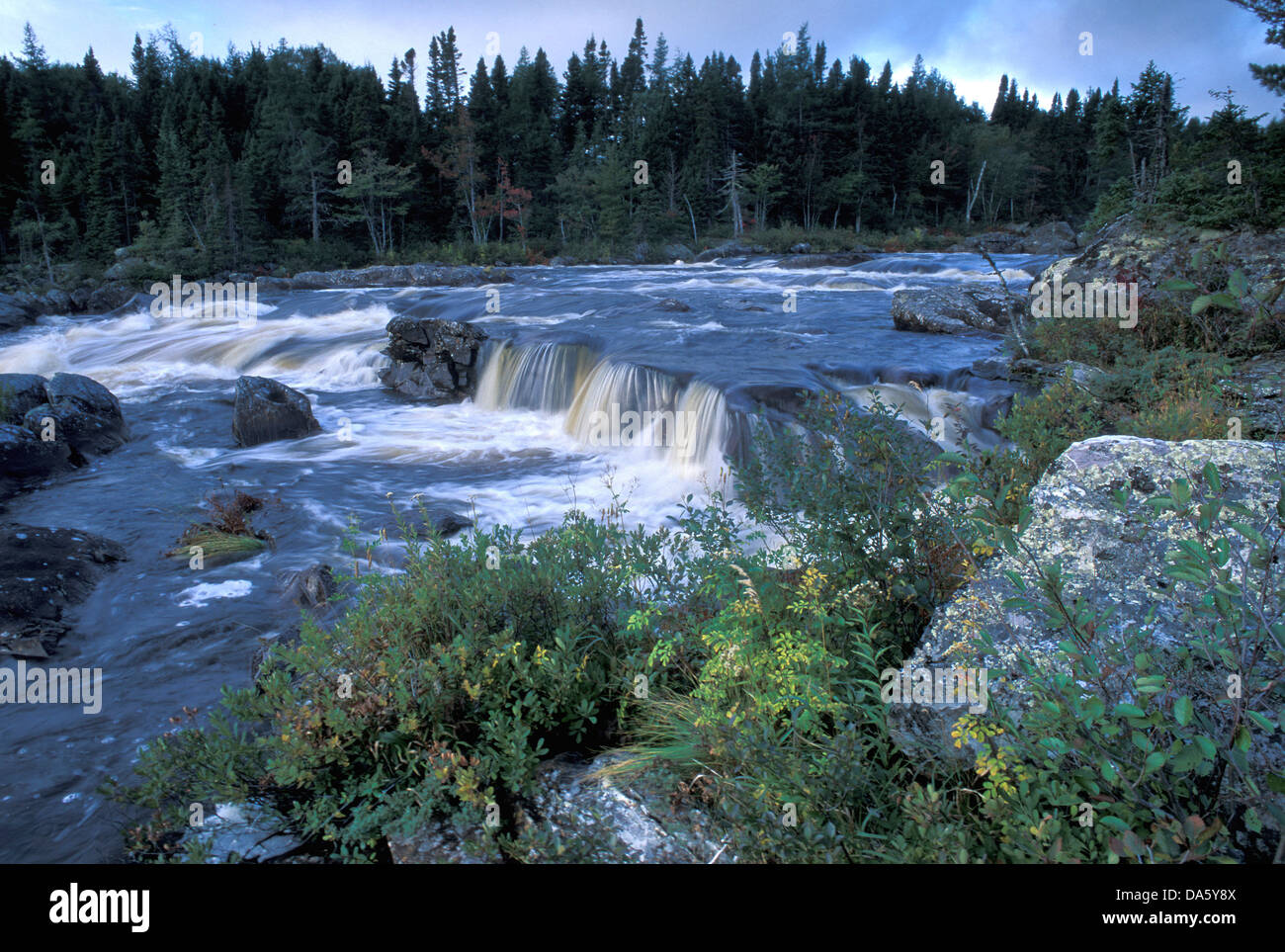 Northwest River, Terra Nova, National Park, Neufundland, Kanada, Wasserfall, Felsen, hetzen, Wasser, rauschende Wasser, Stromschnellen, grün Stockfoto