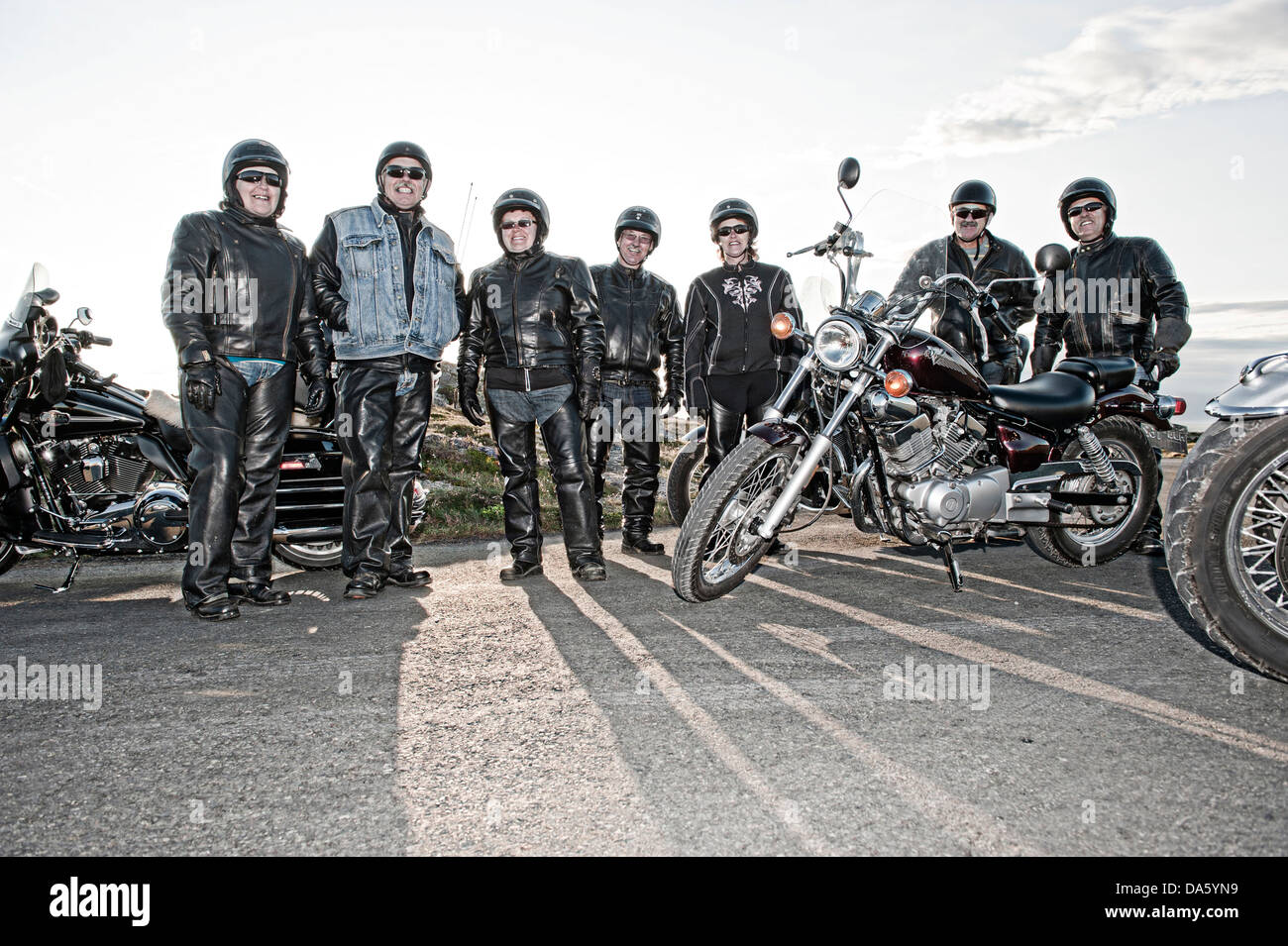 Biker, bike, Bonavista, Leuchtturm, Neufundland, Kanada, Leder, Gruppe, kein Model-Release Stockfoto