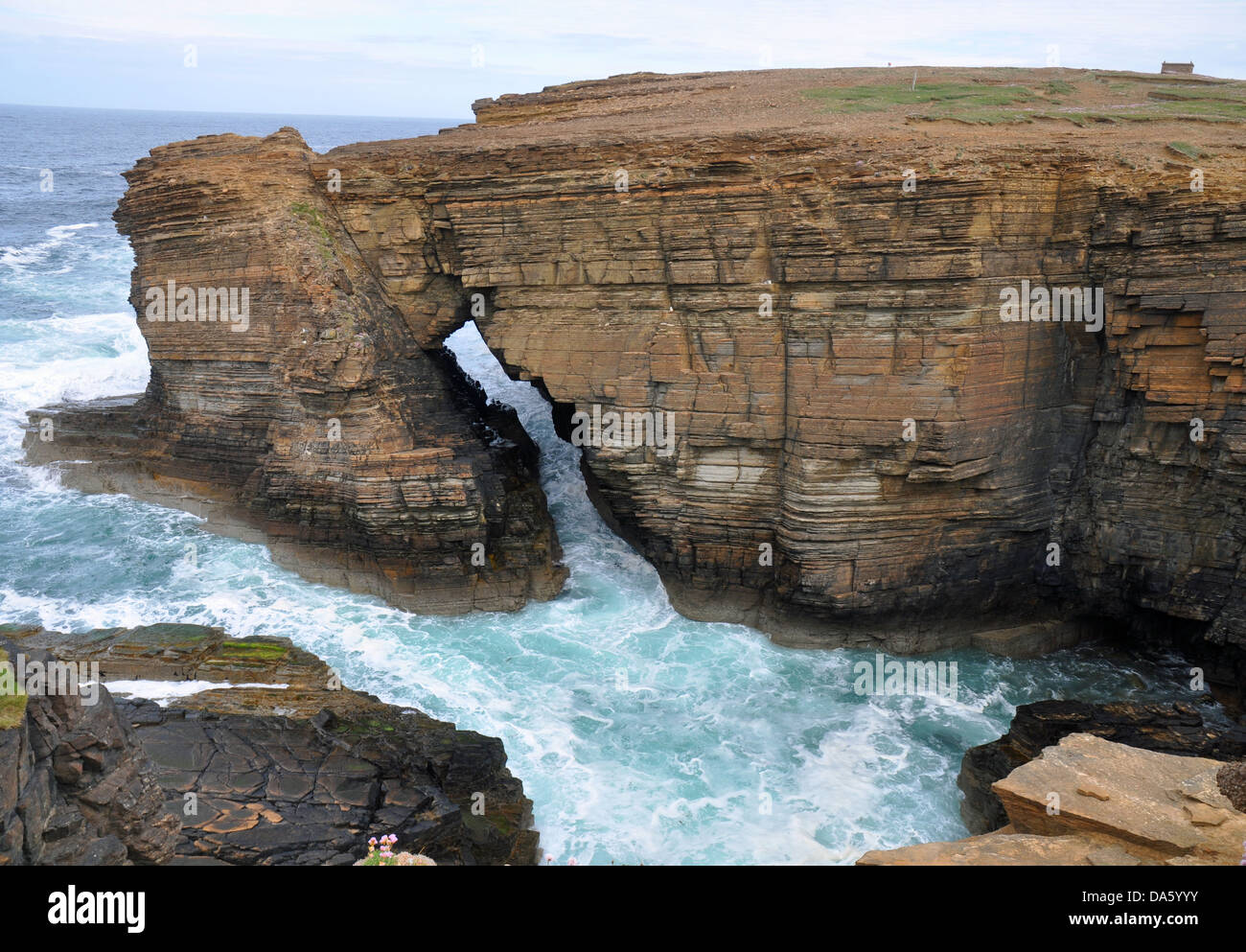 Klippen und rauer See vor der Nordküste von den Orkney-Inseln Stockfoto