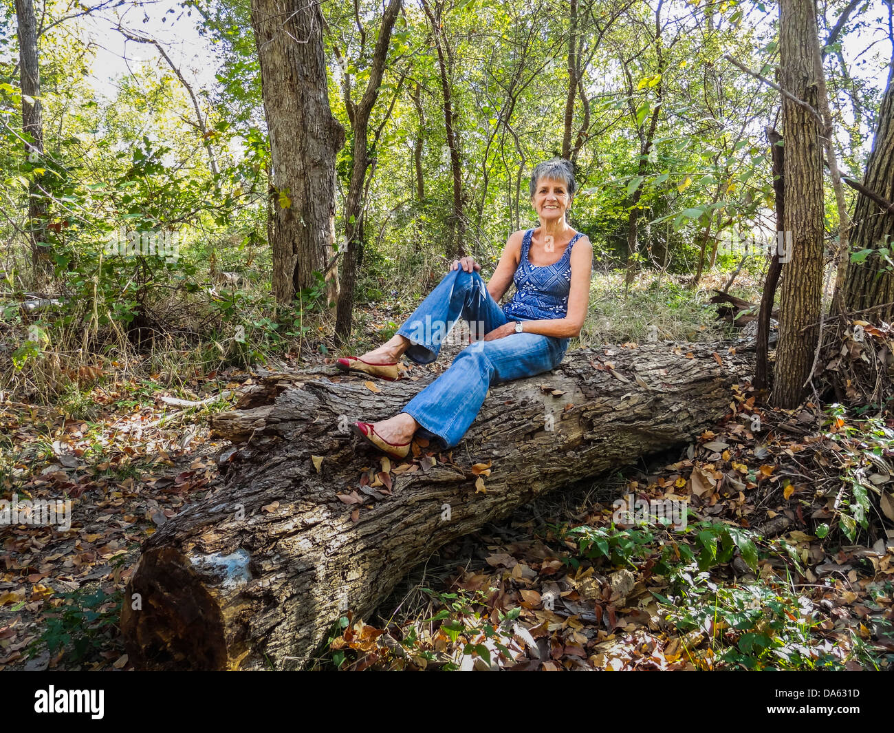 ältere Menschen, freie Zeit, glücklich, Gesundheit, Protokolle, Senior, sitzen, Frau, Wald Stockfoto