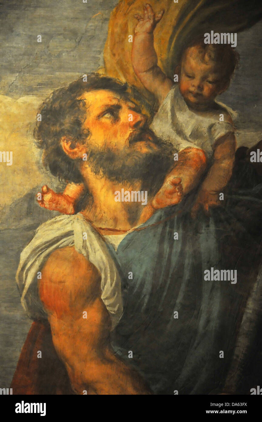 Detail vom original Ölgemälde des Heiligen Christophorus, dem Schutzpatron der Reisenden, in seiner traditionellen Rolle des Helfens trave Stockfoto