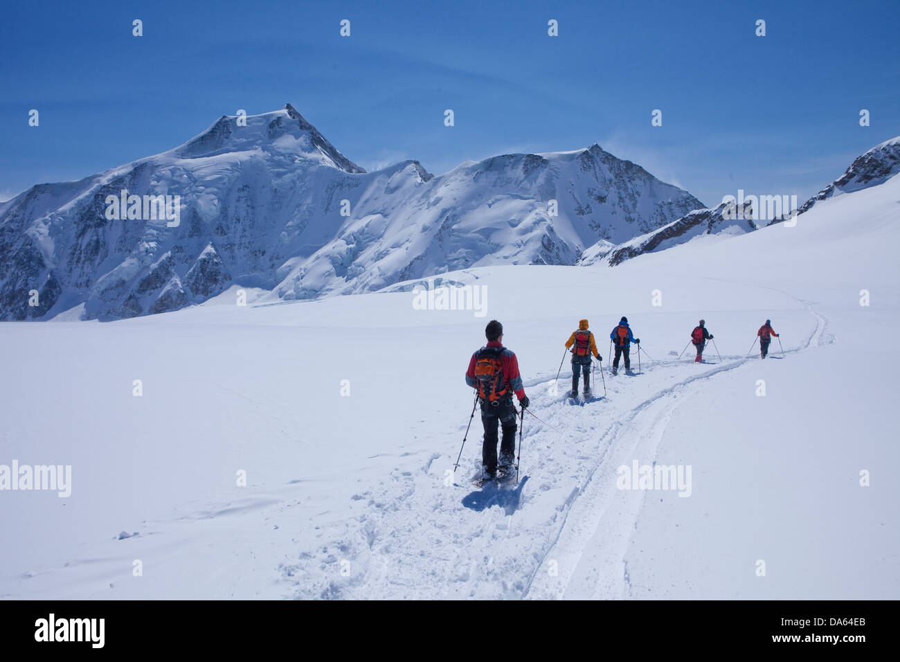 Schnee Schneeschuh-Tour Schneeschuh-Tour, Tour, Bergtour, Aebeni Fluh, 3928 ms, Aletschhorn, Sattel, Horn, Berg, Berge, Gletscher Stockfoto