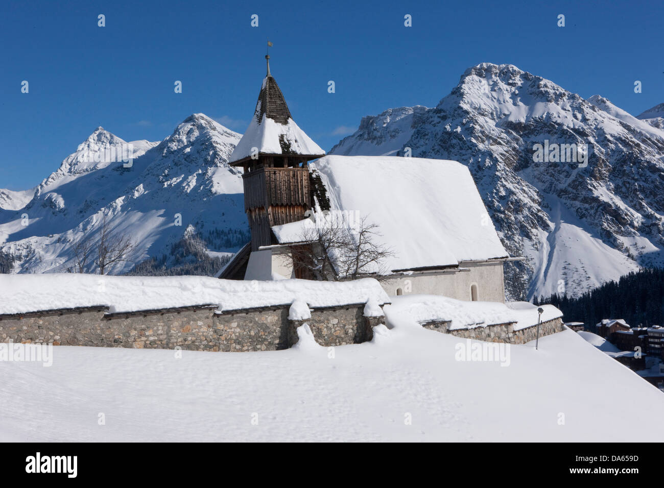 Bergkapellen, Innerarosa, Berg, Berge, Winter, Kanton, GR, Graubünden, Graubünden, Kirche, Religion, Schweiz, Europ Stockfoto