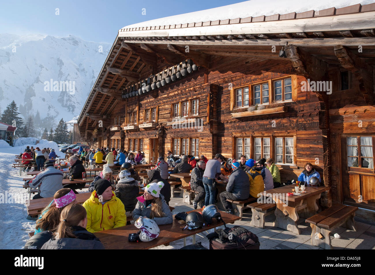 Restaurant, Skigebiet, Adelboden, Winter, Wintersport, Kanton Bern, Berner Oberland, Gastronomie, Restaurant, Hotel, Tourismus, Stockfoto