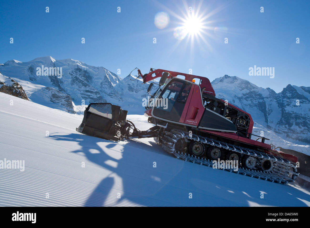 Piste, Fahrzeug, Schnee Goomer, Diavolezza, anzeigen, Bernina, Wintersport, Kanton Graubünden, Graubünden, Engadin, Engadin, GR, Obere Stockfoto