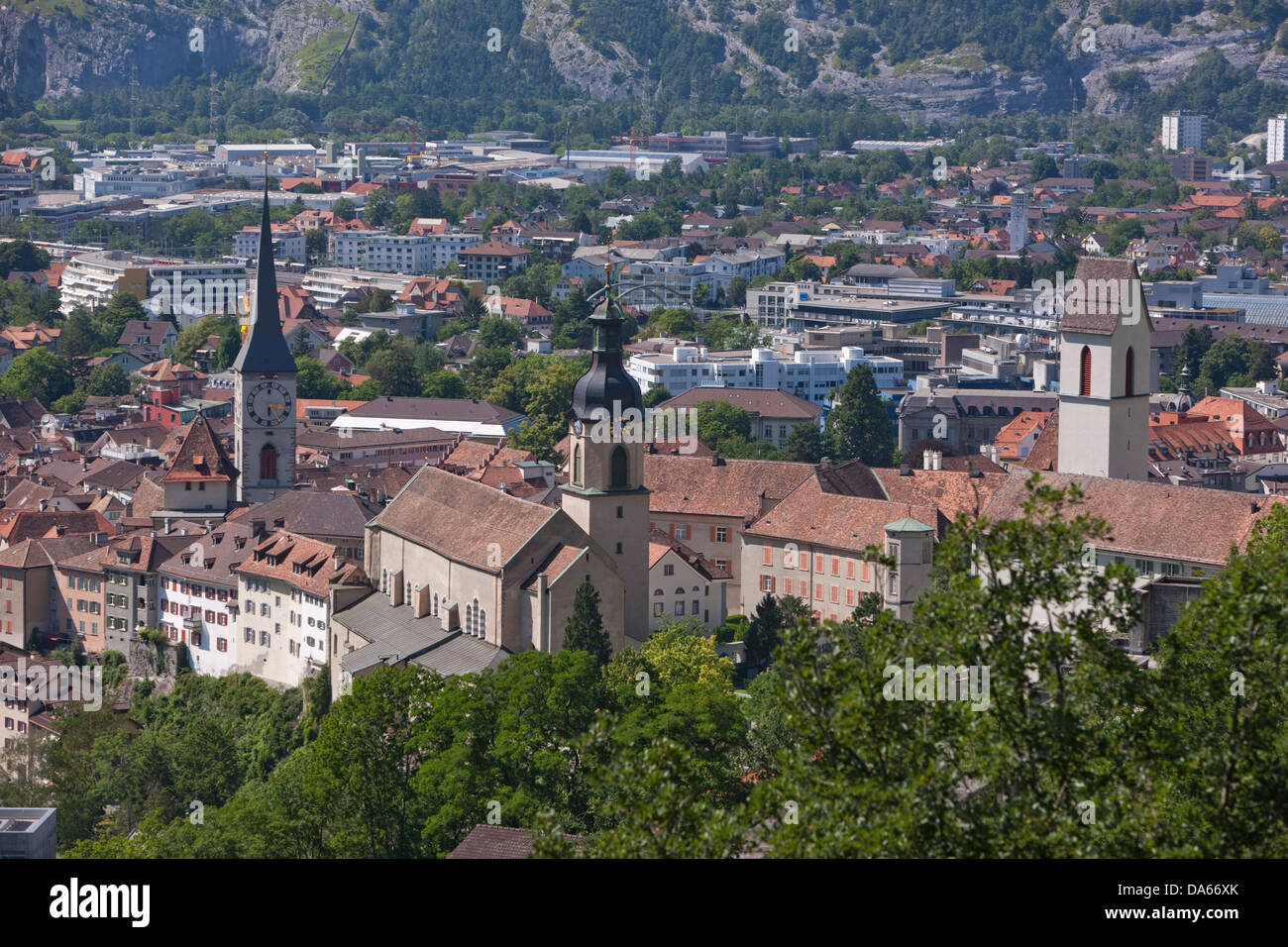 Chur, Stadt, Stadt, Kanton, GR, Graubünden, Graubünden, Schweiz, Europa, Übersicht, Kirche Stockfoto