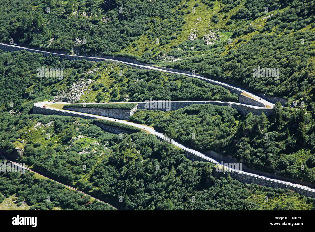 Schweiz, Europa, Kanton, Wallis, Rhone, Tal, Furka, Pass, Reisen, Geografie, Haarnadel, Straße, Verkehr, Berg, Horizontal Stockfoto