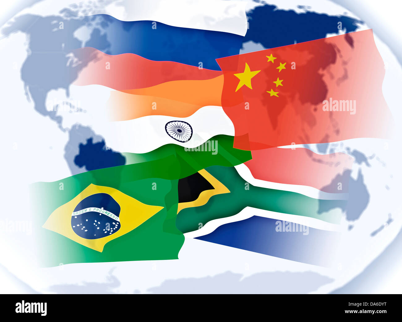 Abbildung auf das Thema BRICS-Staaten mit Nationalflaggen und Weltkarte. Stockfoto