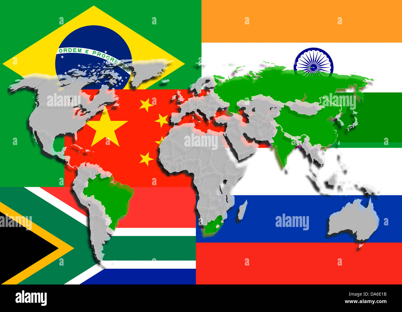 Abbildung auf das Thema BRICS-Staaten mit Nationalflaggen und Weltkarte. Stockfoto
