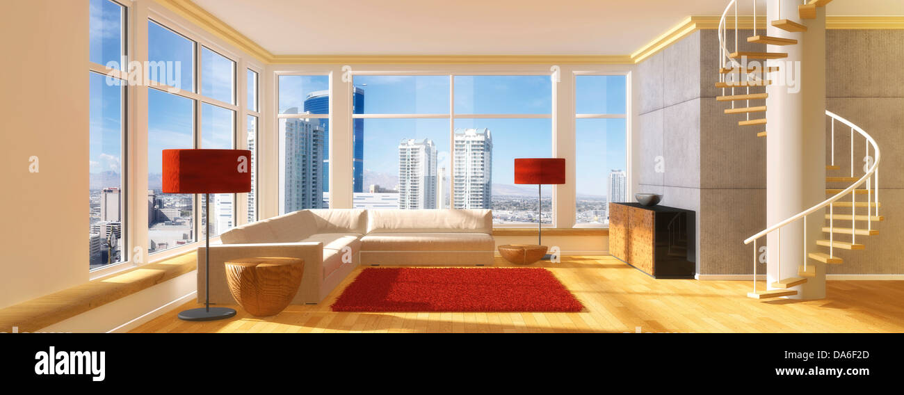 Penthouse-Wohnung mit einer Wendeltreppe mit Blick auf eine Skyline, 3D illustration Stockfoto