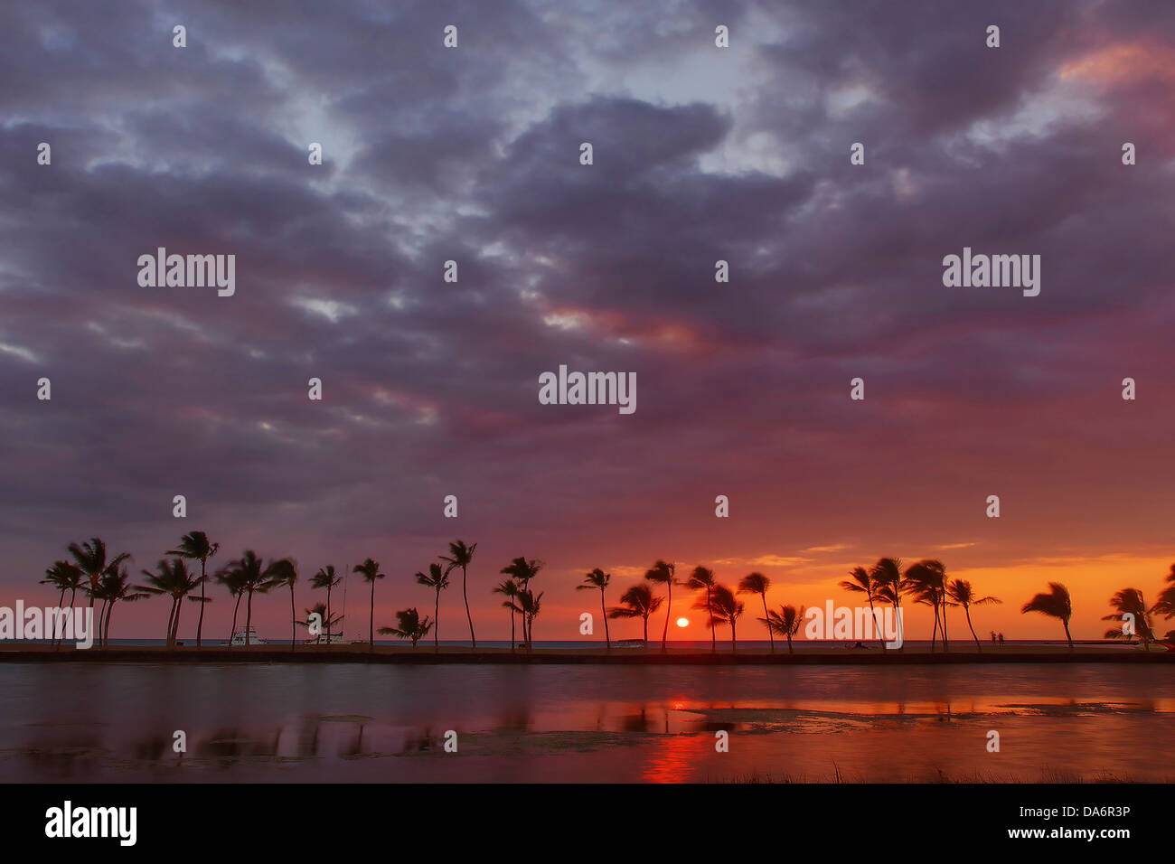 USA, USA, Amerika, Hawaii, Big Island, Sunset, Pazifischen Ozean, Palmen, Meer Stockfoto