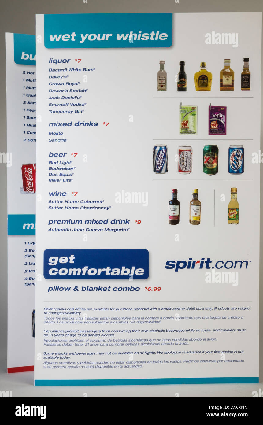Spirit Airlines Inflight Menü Stockfoto