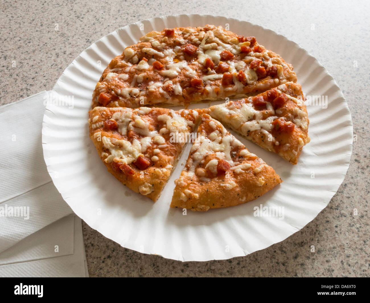 Tiefkühlpizza auf Pappteller gekocht Stockfoto