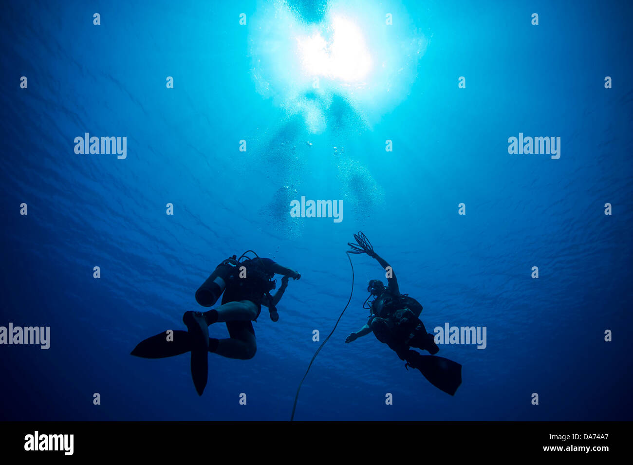 US Navy Explosive Ordnance Disposal Taucher und ein Seemann von der Royal Jordanian Navy-Oberfläche nach dem Platzieren einer Gebühr für eine Unterwasser Detonation während Übung Eager Lion 13. Juni 2013 in Aqaba, Jordanien. Stockfoto