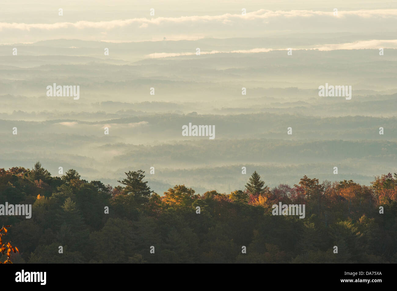 Vista mit Blick auf die Ausläufer der Great Smokey Mountains im Morgennebel. Stockfoto