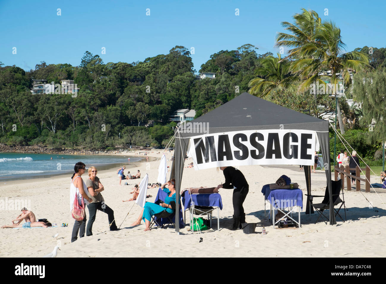 Massage-Zelt am Strand von Noosa an der Sunshine Coast n Queensland Australien Stockfoto