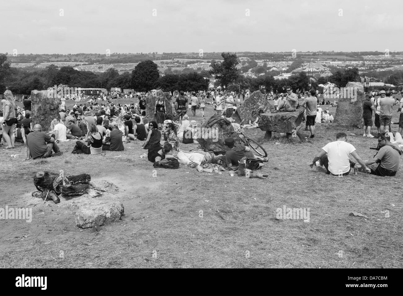 Der Steinkreis auf dem Glastonbury Festival 2013, Somerset, England, Vereinigtes Königreich. Stockfoto