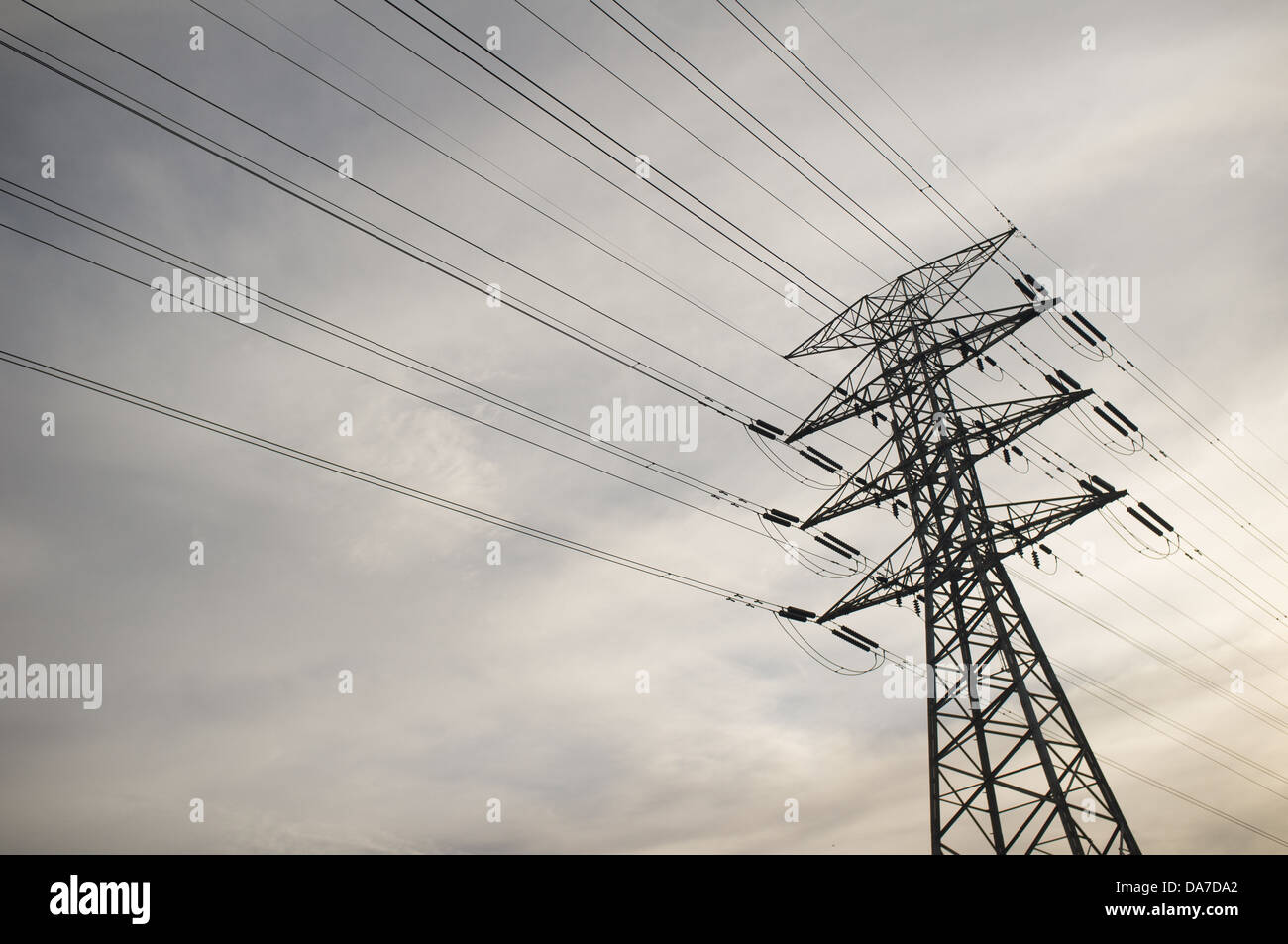 Stromleitungen gegen bedecktem Himmel grau und bewölkt Stockfoto