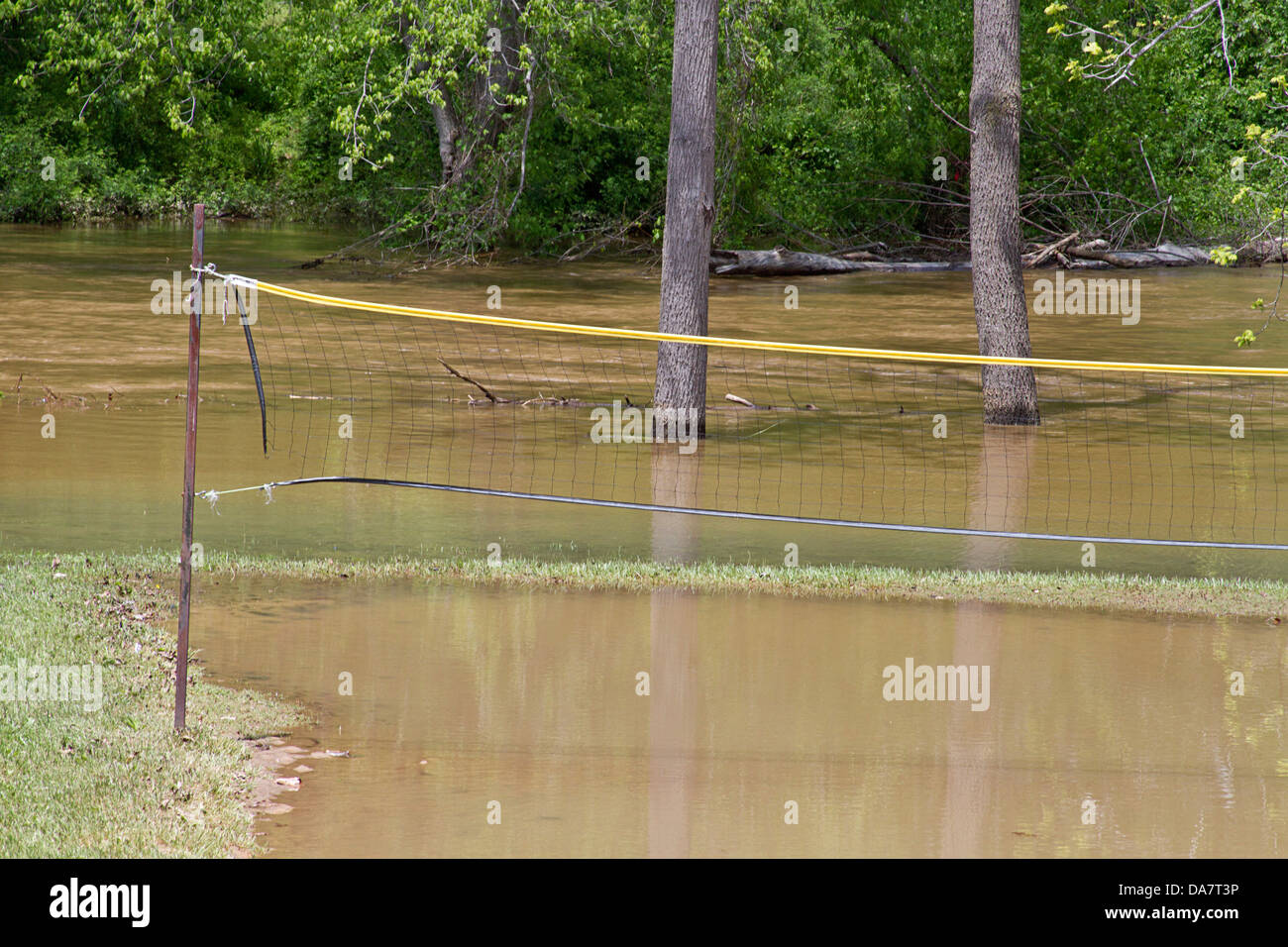 Ein Volleyball oder Badminton-Netz von einem nahe gelegenen Fluss überflutet Stockfoto