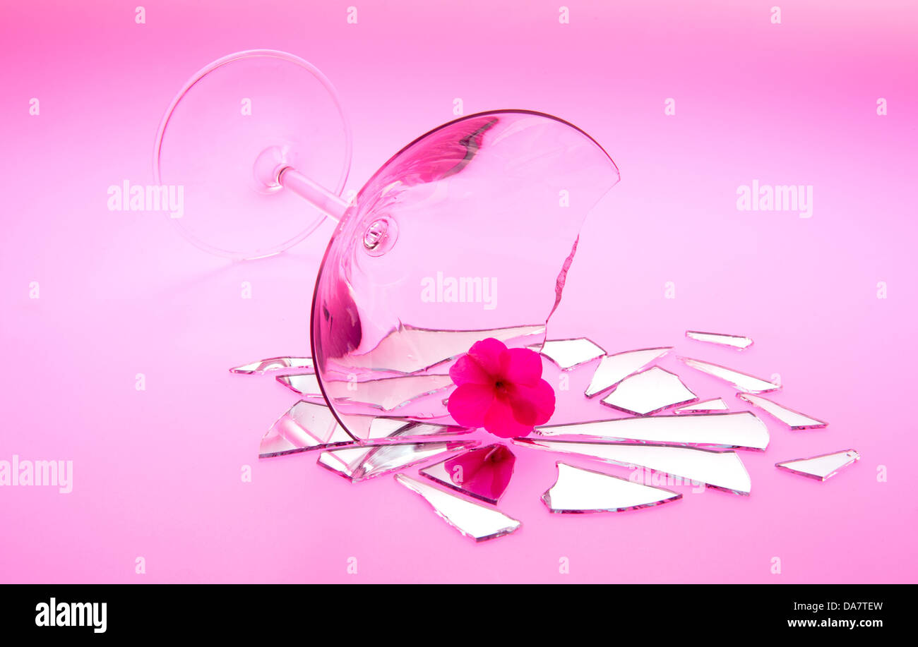 Konzept Foto der zerbrochene Beziehung mit Blume sitzen in gebrochenen Martiniglas shot auf Leuchttisch mit rotem Licht Stockfoto