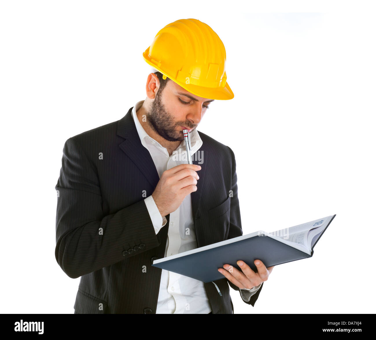 Geschäftsmann mit Arbeitshelm isoliert auf weißem Hintergrund Stockfoto