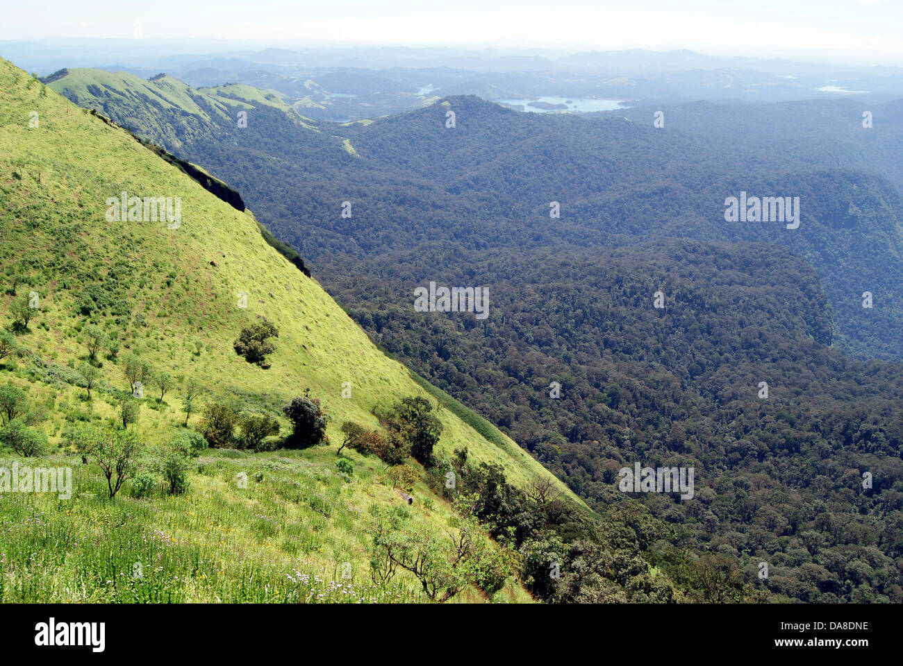Landschaftsansicht Inlandseite Berggipfel und Wald Täler der Western Ghats Karnataka Indien Stockfoto